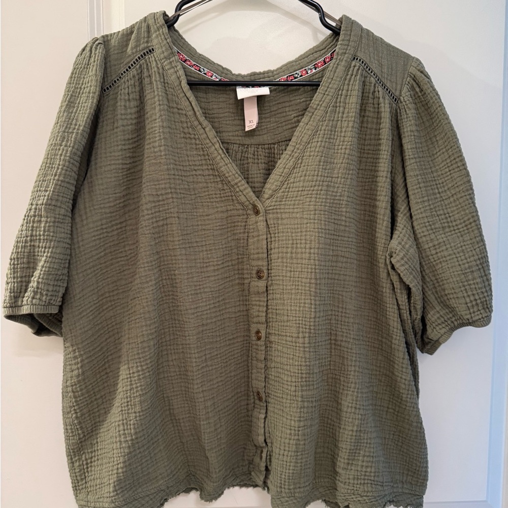 Olive Green Button-Up Women's Top